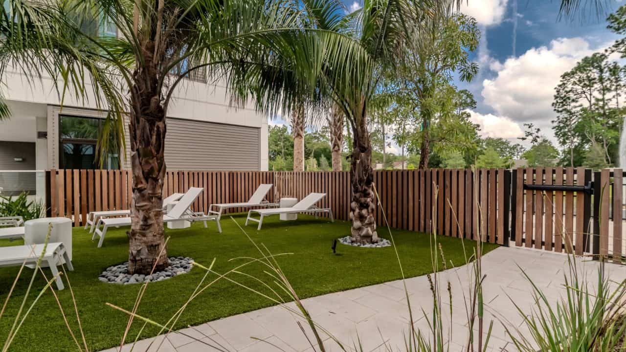 Chairs with palm trees in the background with a fence